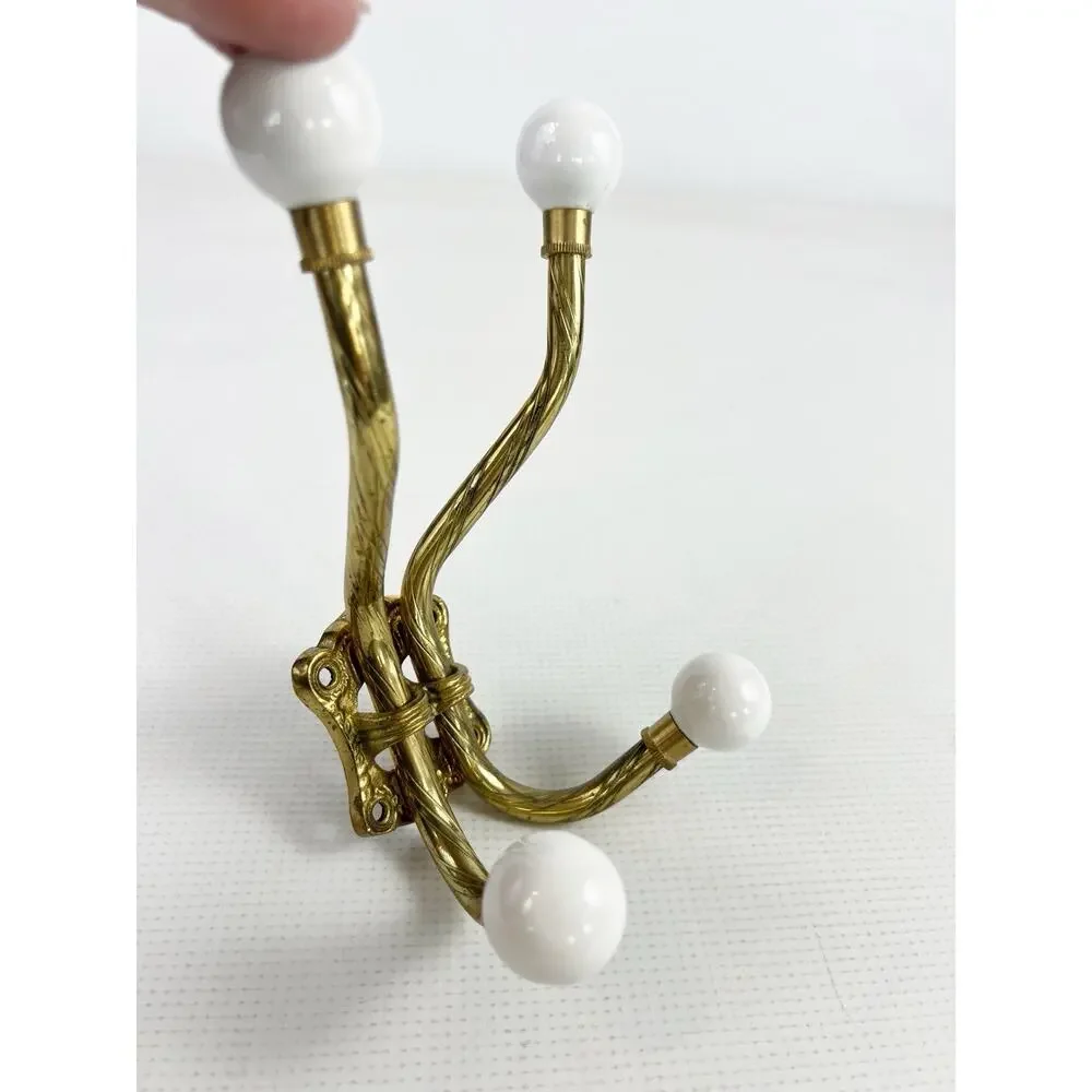 Vintage Wall Mounted 4-Hook Coat Rack Brass With White Knobs Patina Age